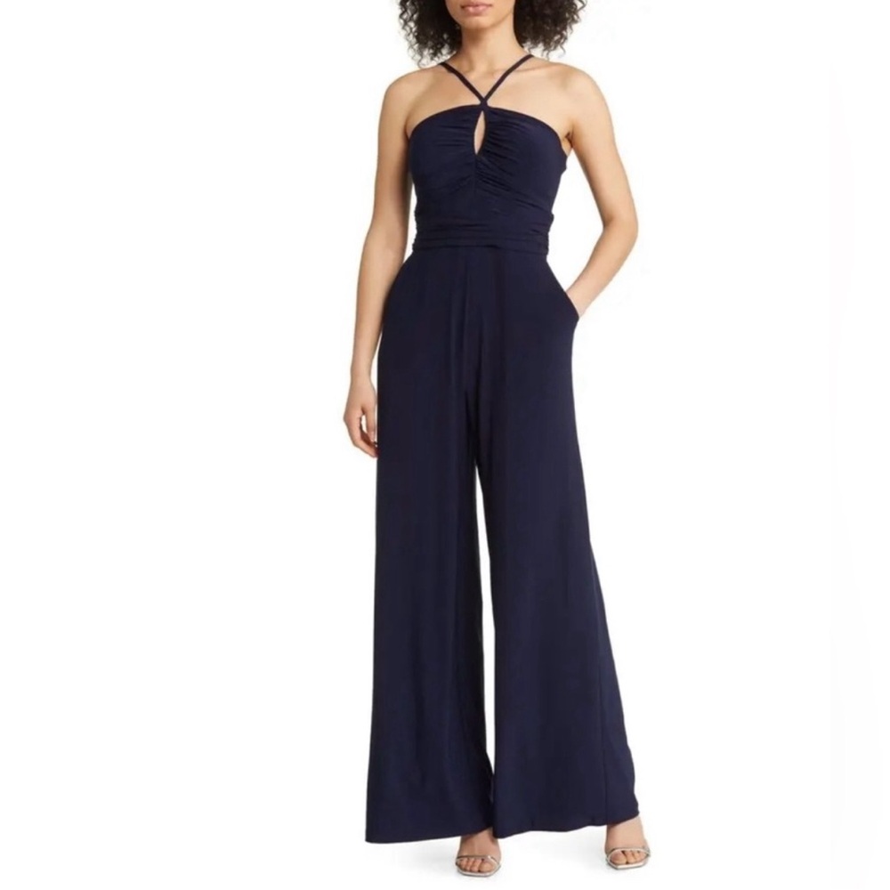 NWT Eliza J Keyhole Halter Jumpsuit in Navy